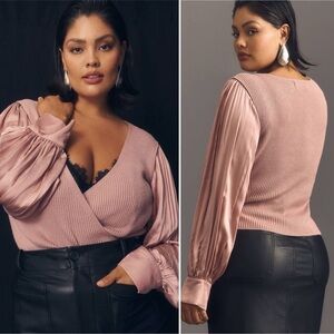 By Anthropologie Twofer Faux-Wrap Sweater Ballet Coquette Romantic Mauve